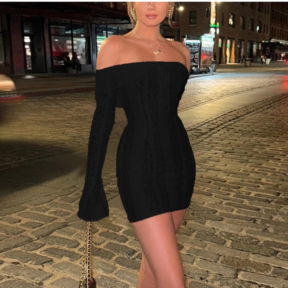 SOLD - Black Lace Off-Shoulder Mini Dress